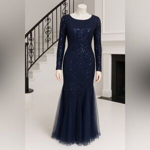 Navy Blue Sequin Evening Gown XL Long Sleeve Formal Wedding Guest Dress